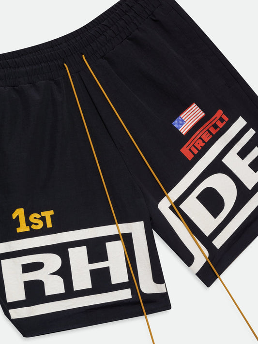 RHUDE CHAMPIONS LOGO SHORTS - BLACK\/WHITE