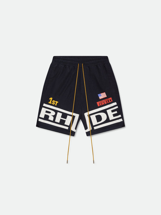 RHUDE CHAMPIONS LOGO SHORTS - BLACK\/WHITE