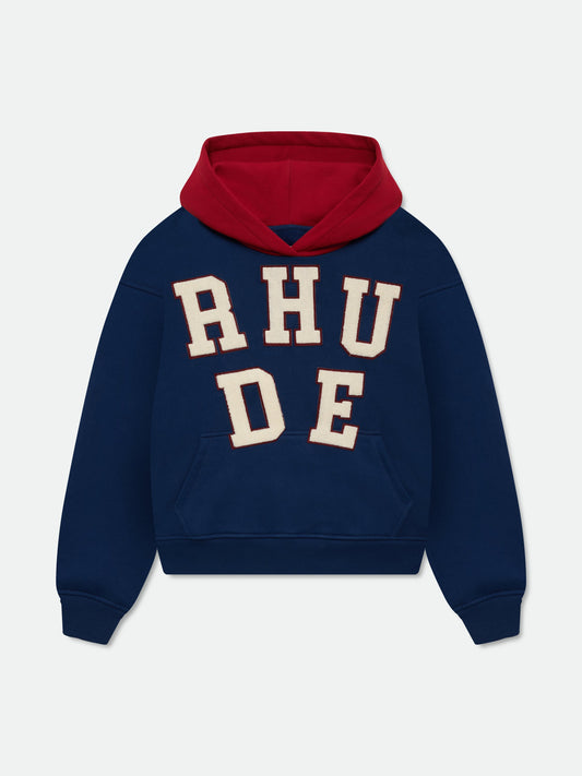 RHUDE CHENILLE PATCH LOGO HOODIE - NAVY\/RED