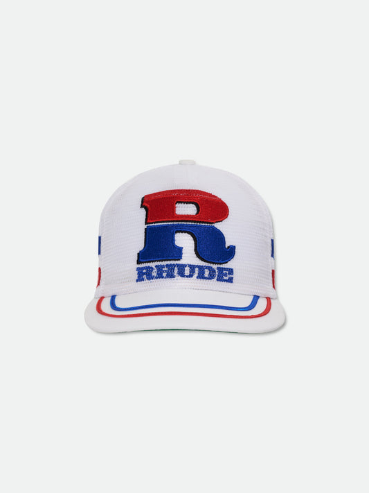 SPLIT PETROL LOGO MESH TRUCKER HAT - WHITE \/ RED \/ BLUE