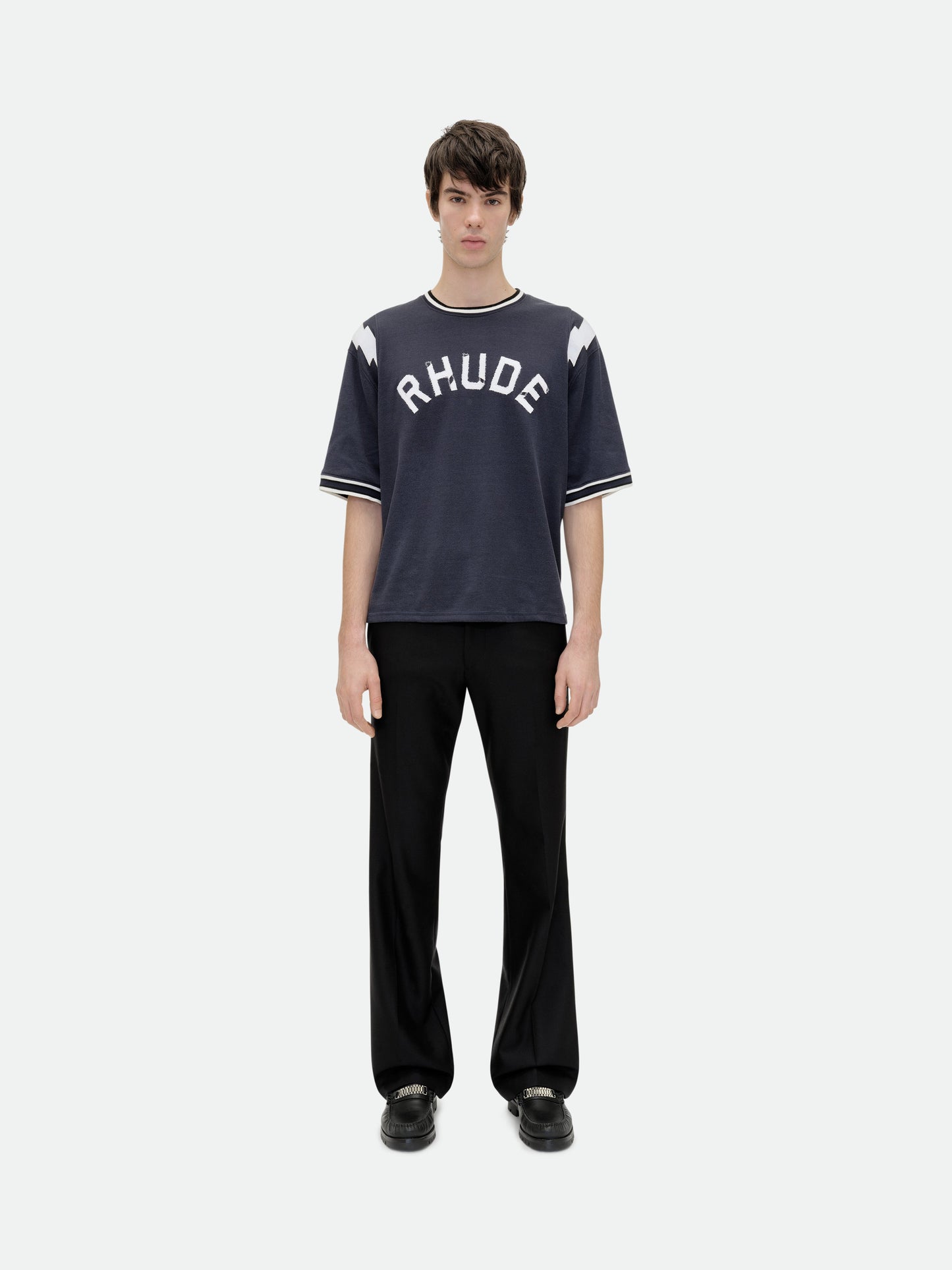 RHUDE LIGHTNING RINGER JERSEY TEE - NAVY\/WHITE